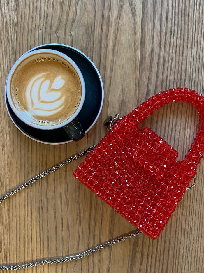Red Beaded Evening Purse with Chain Strap