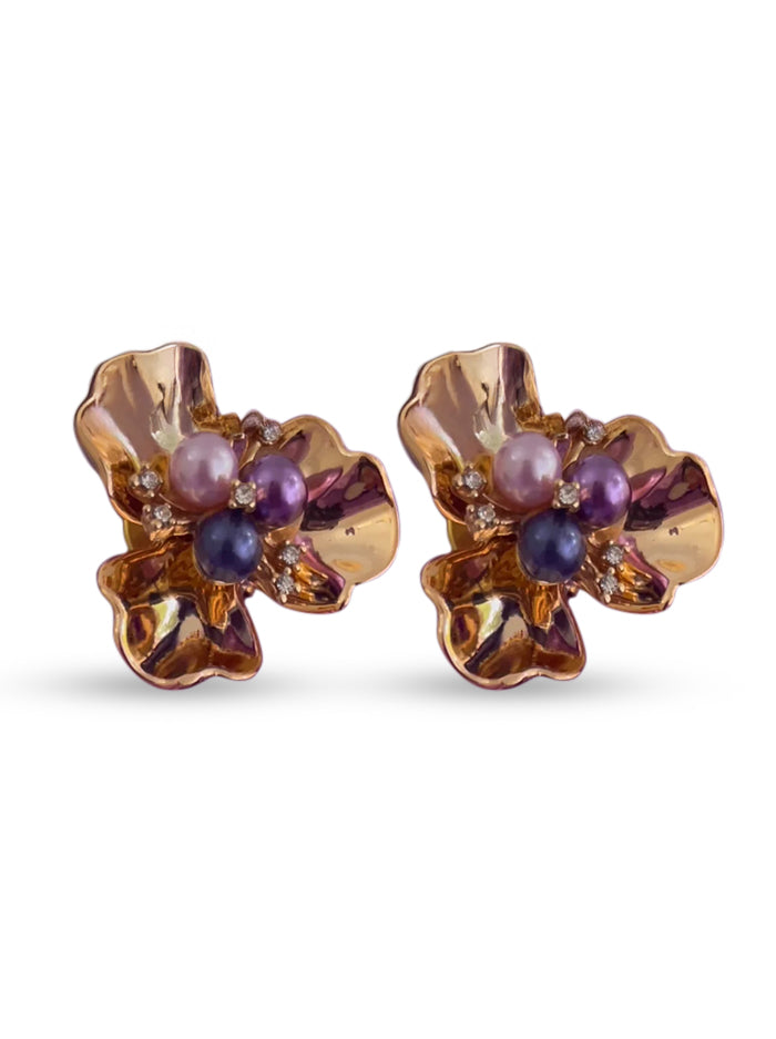 Gold floral cuff pins with pearl accents (Pack of 2pairs)