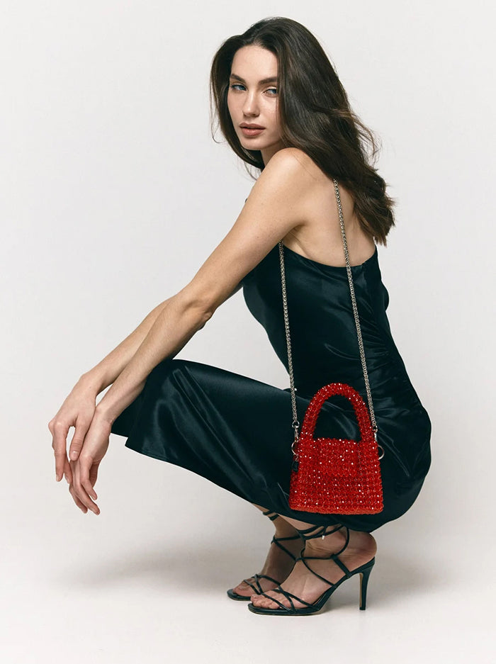 Red Beaded Evening Purse with Chain Strap