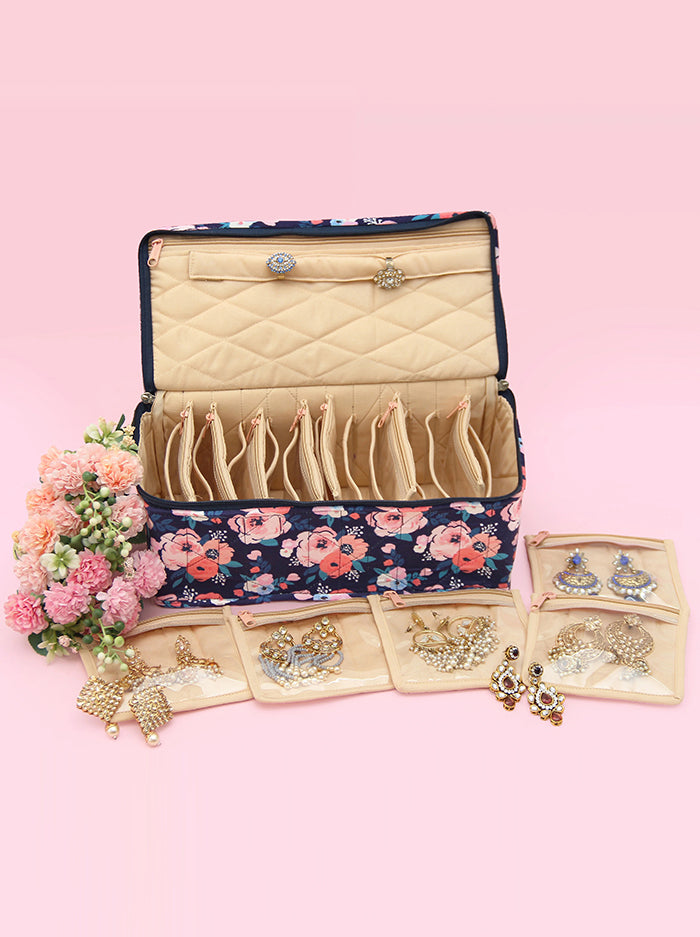 Floral Zipper Jewelry Organizer Box – 12 Pouches with Quilted Lid Storage