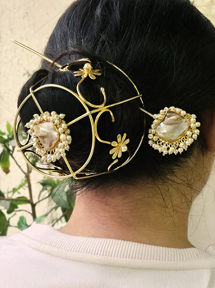 Handcrafted Gold Hair Bun Accessory with Pearl & Shell Detailing