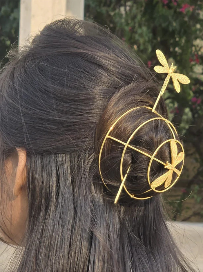 Golden Dragonfly Hair Bun Cage with Stick