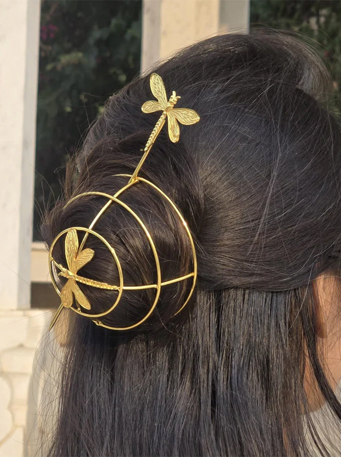 Golden Dragonfly Hair Bun Cage with Stick