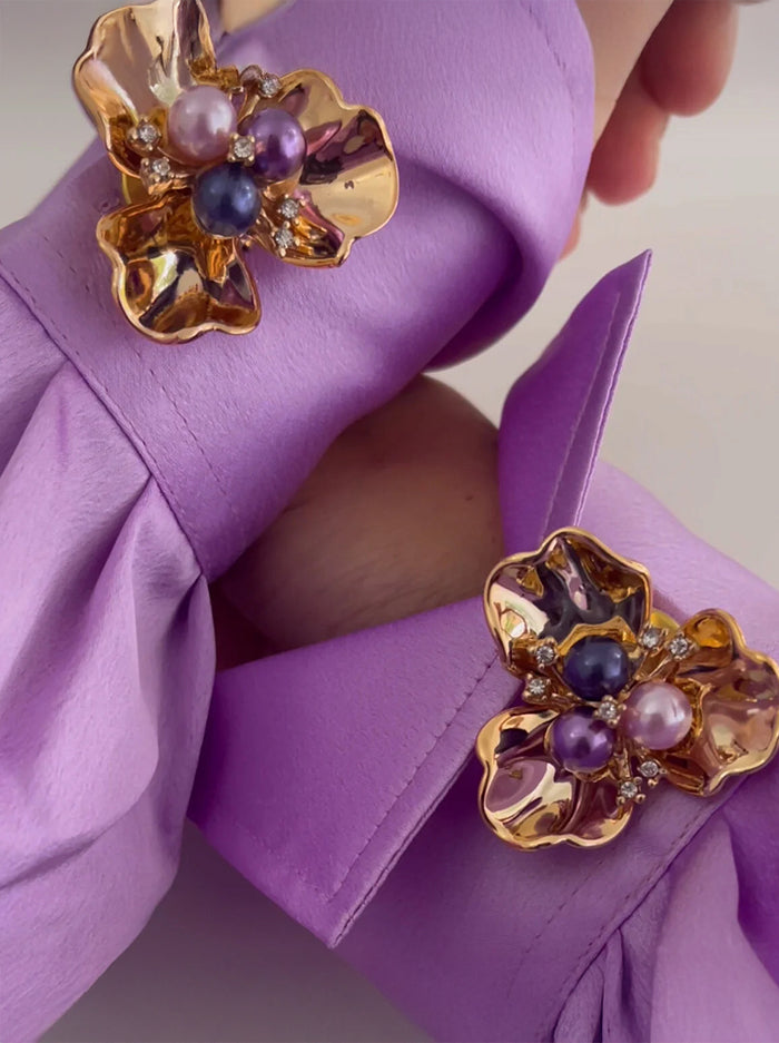 Gold floral cuff pins with pearl accents (Pack of 2pairs)