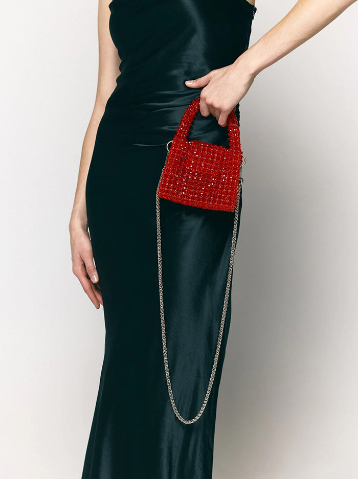 Red Beaded Evening Purse with Chain Strap