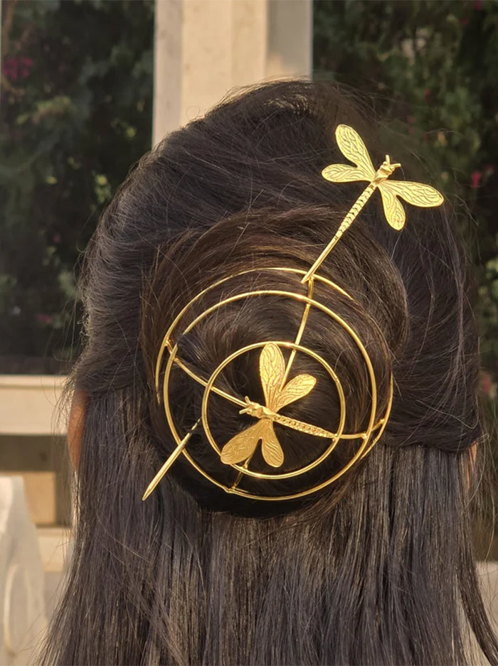 Golden Dragonfly Hair Bun Cage with Stick