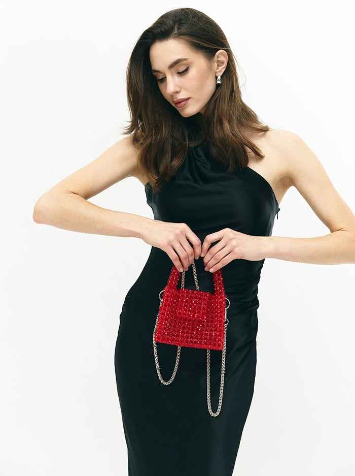 Red Beaded Evening Purse with Chain Strap
