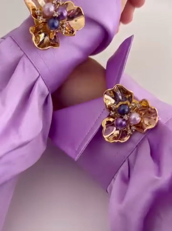 Gold floral cuff pins with pearl accents (Pack of 2pairs)