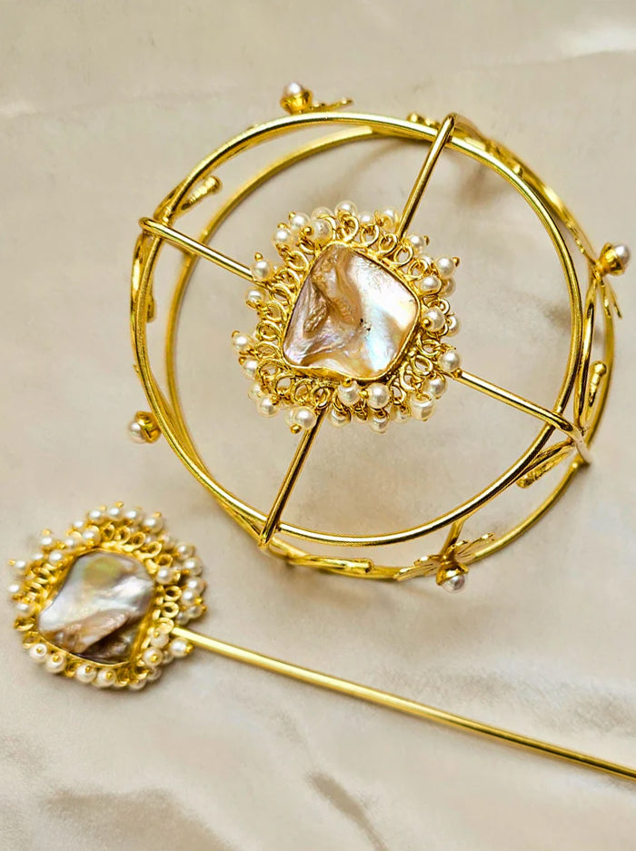 Handcrafted Gold Hair Bun Accessory with Pearl & Shell Detailing
