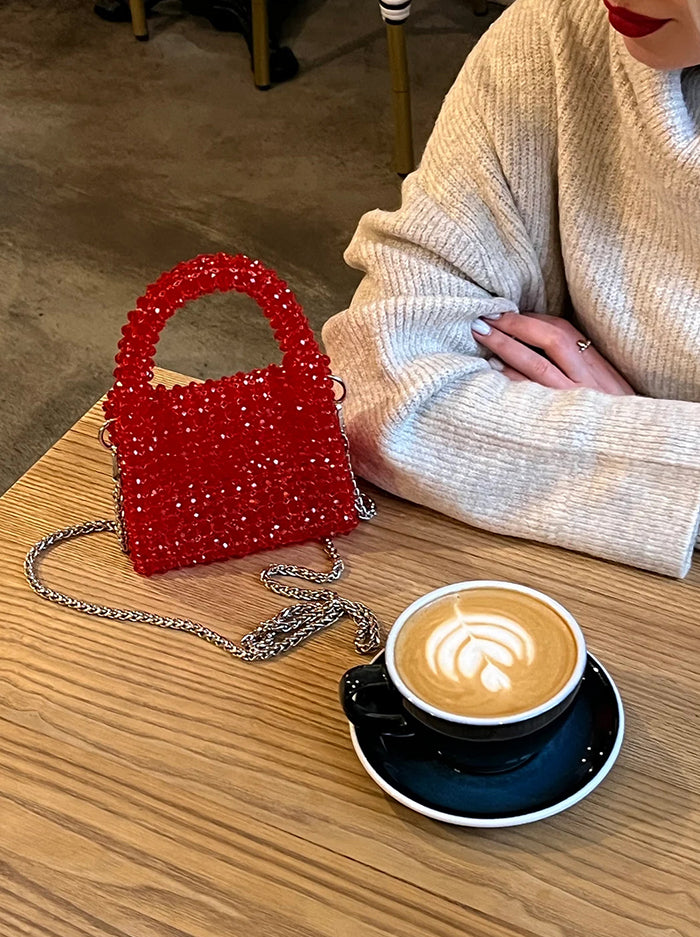 Red Beaded Evening Purse with Chain Strap
