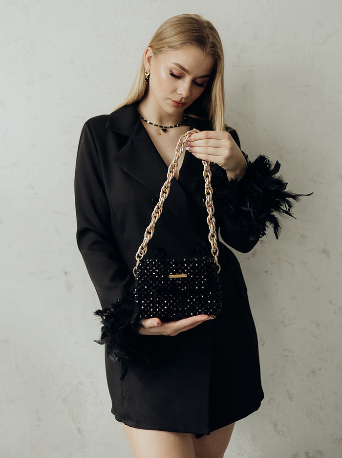 Black Crystal Clutch with Chunky Gold Strap