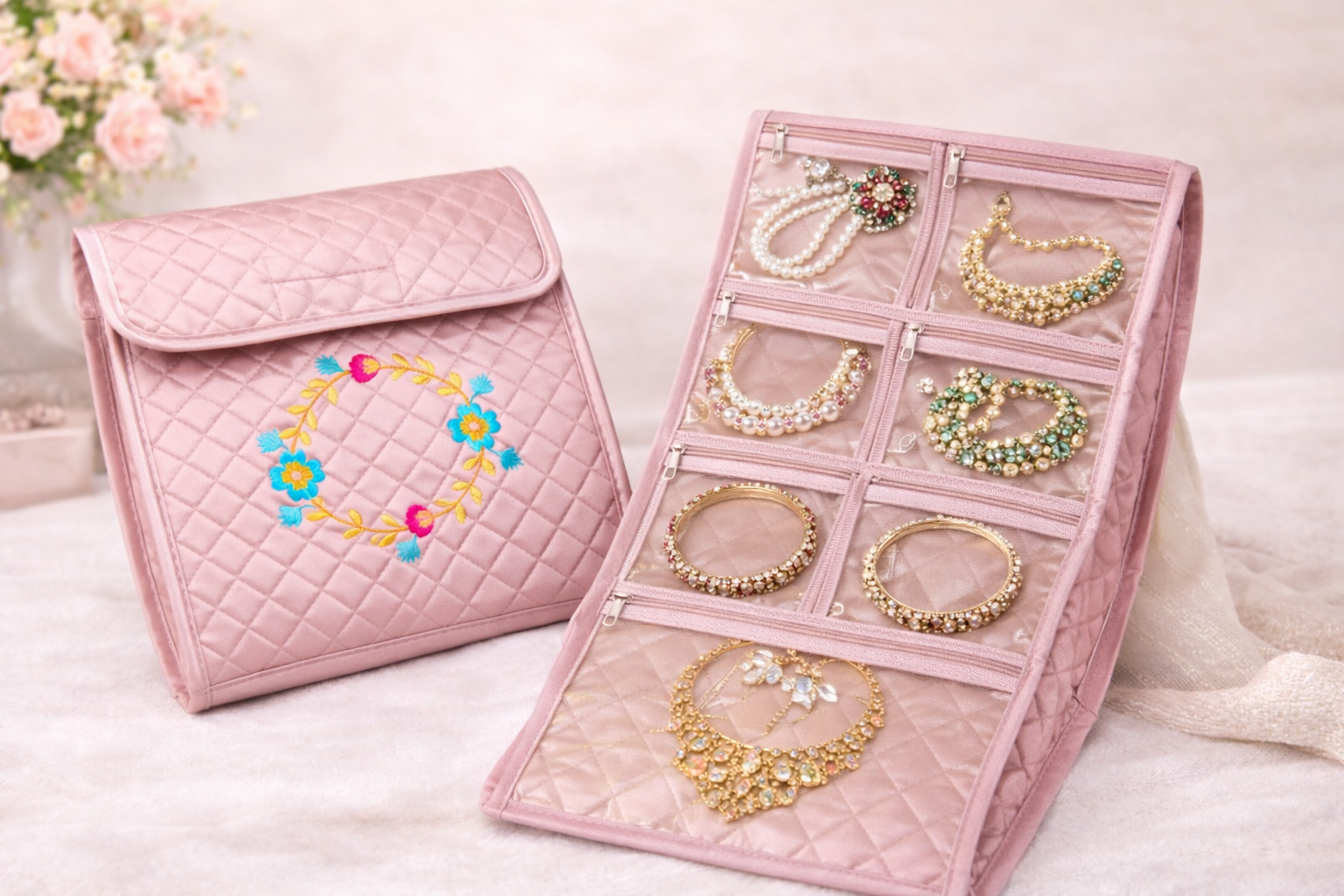 Quilted Jewelry Organizer Booklet with 18 Zippered Pockets