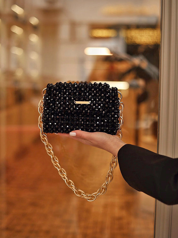 Black Crystal Clutch with Chunky Gold Strap
