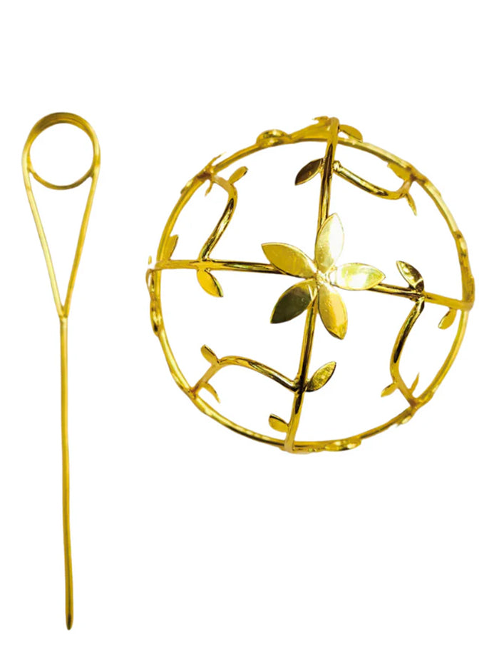 Golden Floral Hair Bun Cage with Leaf Design & Hair Stick