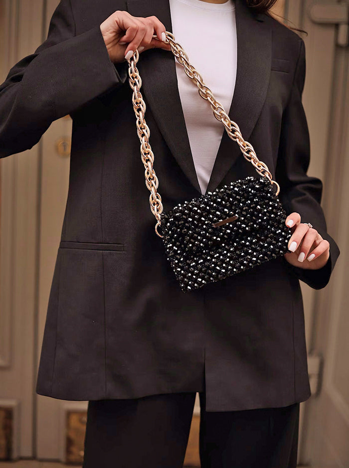 Black Crystal Clutch with Chunky Gold Strap