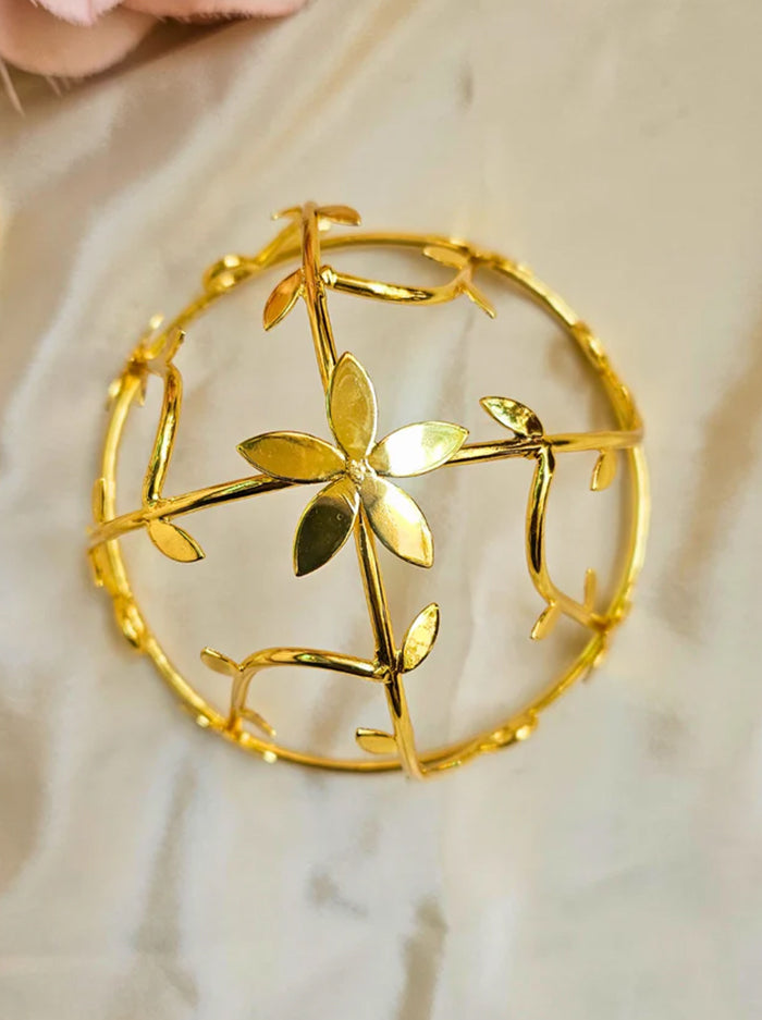 Golden Floral Hair Bun Cage with Leaf Design & Hair Stick