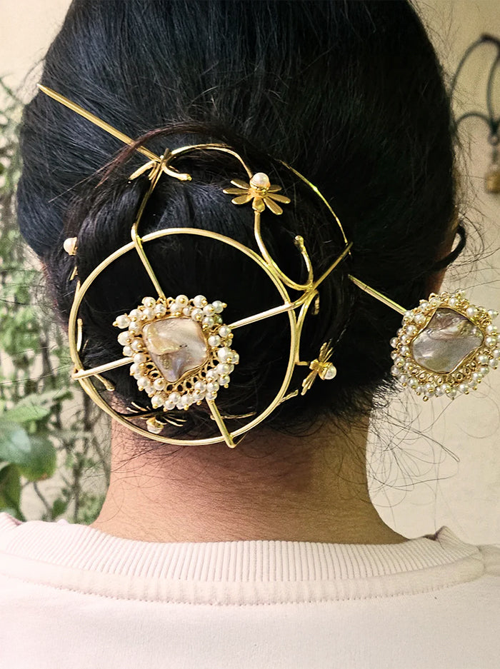 Handcrafted Gold Hair Bun Accessory with Pearl & Shell Detailing