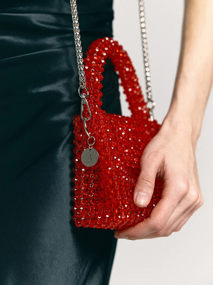 Red Beaded Evening Purse with Chain Strap