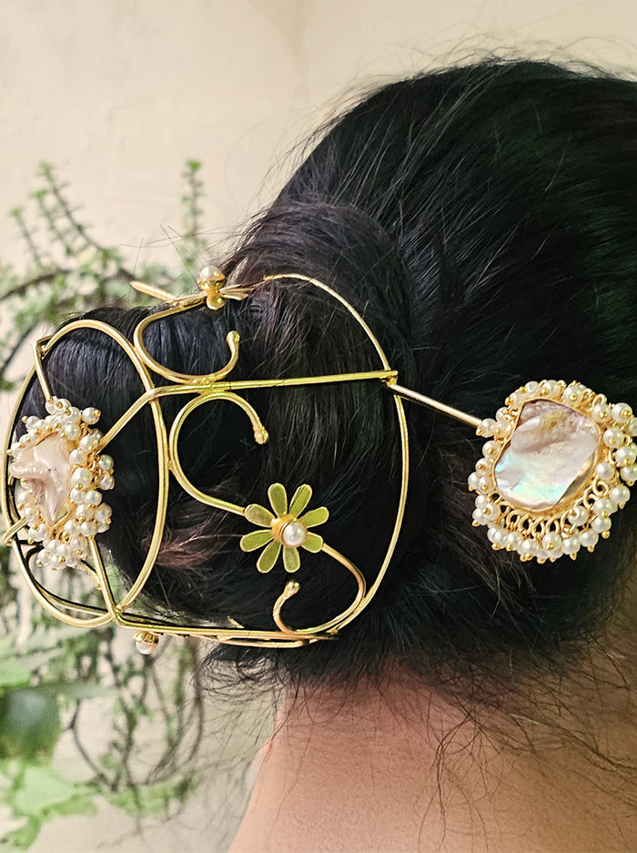 Handcrafted Gold Hair Bun Accessory with Pearl & Shell Detailing