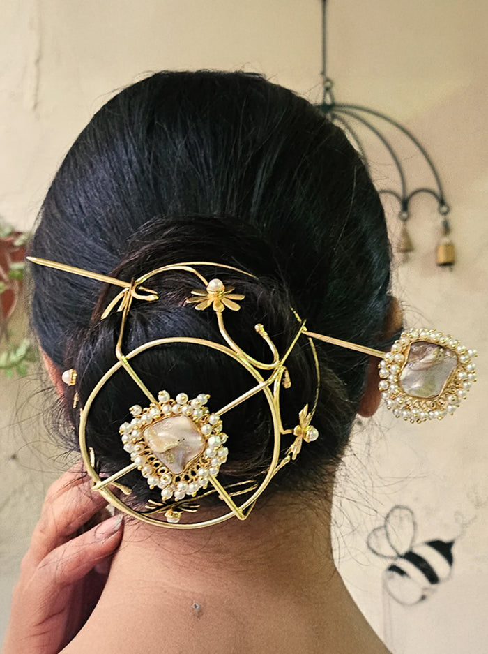 Handcrafted Gold Hair Bun Accessory with Pearl & Shell Detailing