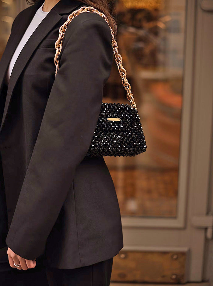 Black Crystal Clutch with Chunky Gold Strap