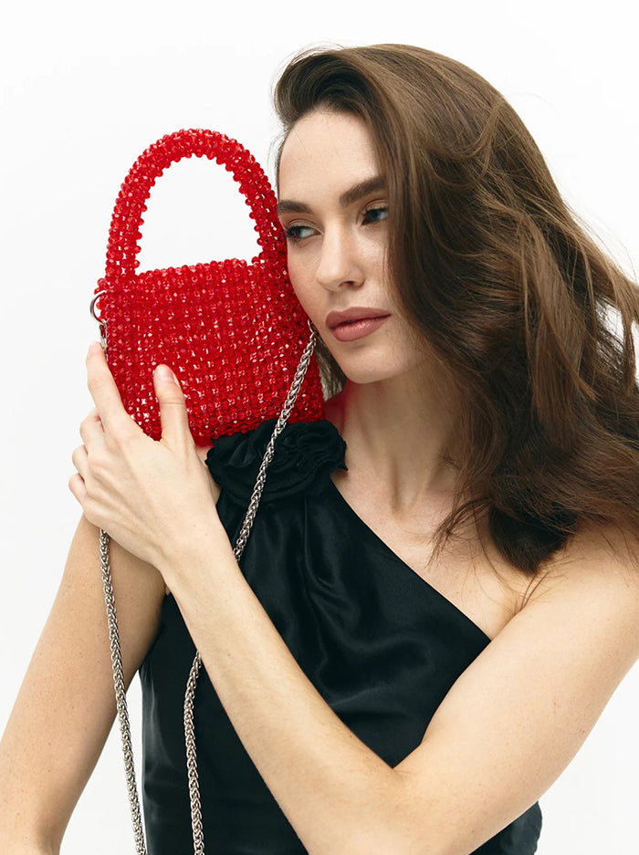 Red Beaded Evening Purse with Chain Strap