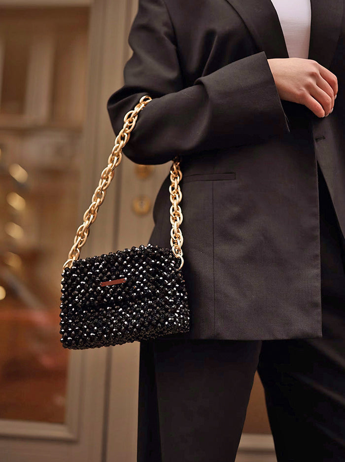 Black Crystal Clutch with Chunky Gold Strap